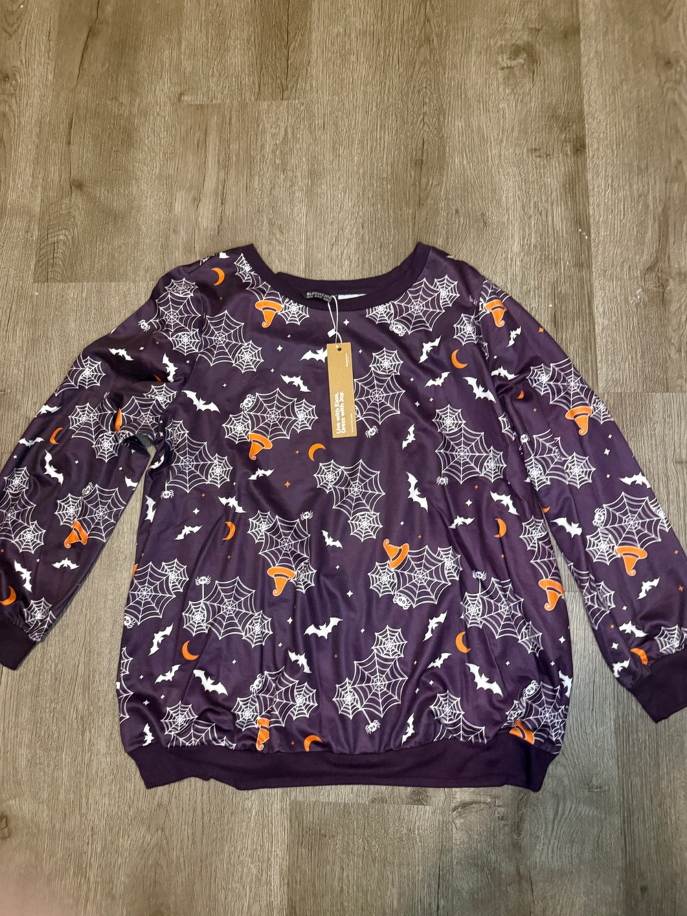 Womens Large 14-16 Halloween Spiderweb and Bat Long Sleeve Pajama Top - Purple